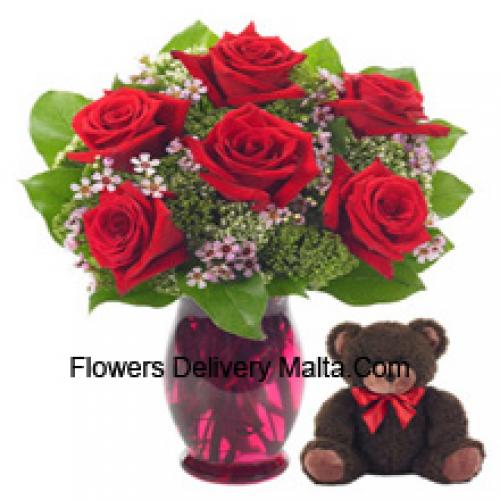 7 Red Roses with Cute 14 Inch Teddy