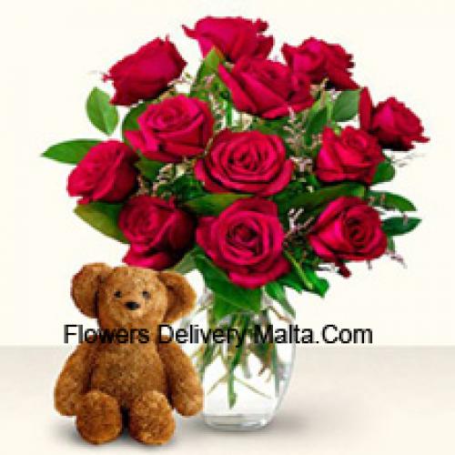 11 Rosas Rojas con Lindo Oso de Peluche de 12 Pulgadas