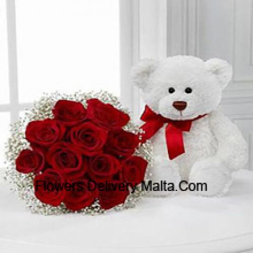 11 Rosas Rojas con un Lindo Oso de Peluche de 14 Pulgadas