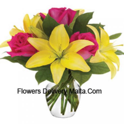 Pink Roses and Yellow Lilies in Vase