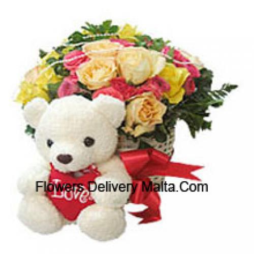 25 Rosas Mixtas con Oso de Peluche