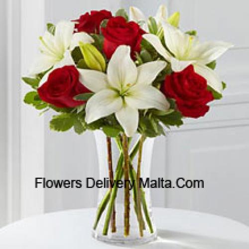 Red Roses and Cute White Lilies in Vase