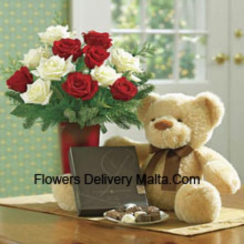 Red and White Roses with Teddy and Chocolates