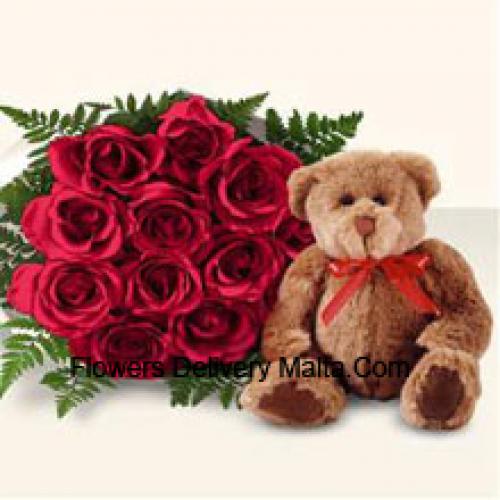 11 Rosas Rojas con Lindo Oso Marrón