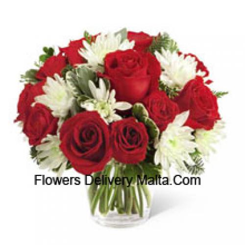 Red Roses and Cute chrysanthemums in Vase