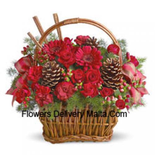 Beautiful Basket of Red Flowers with Pinecones